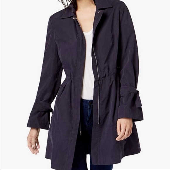 MAISON Jules Navy Tie Sleeve Lightweight Zip Up Trench Coat Jacket - Size Large - Picture 1 of 11